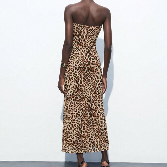 Khaki Sexy Women's Leopard Print Fitted Bodycon Midi Dress With Slit Up To Thigh - Picture 7 of 8